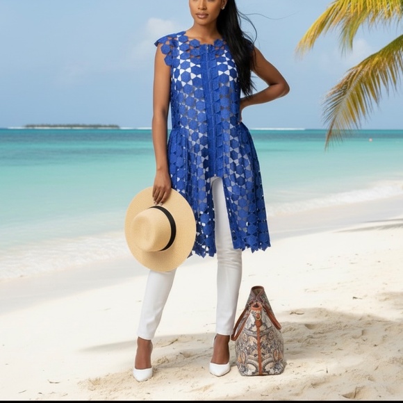 # A094  CQ by CQ Cobalt  Blue Laser-Cut  Mesh Duster Vintage  NEW NO TAG  S - Picture 2 of 15